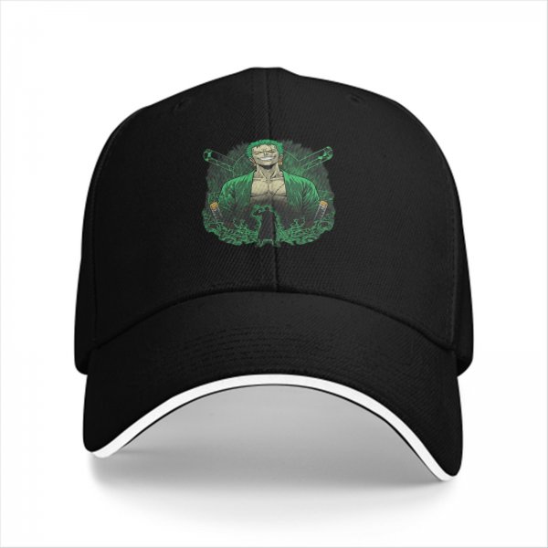 Black baseball cap with One Piece Roronoa Zoro graphic print