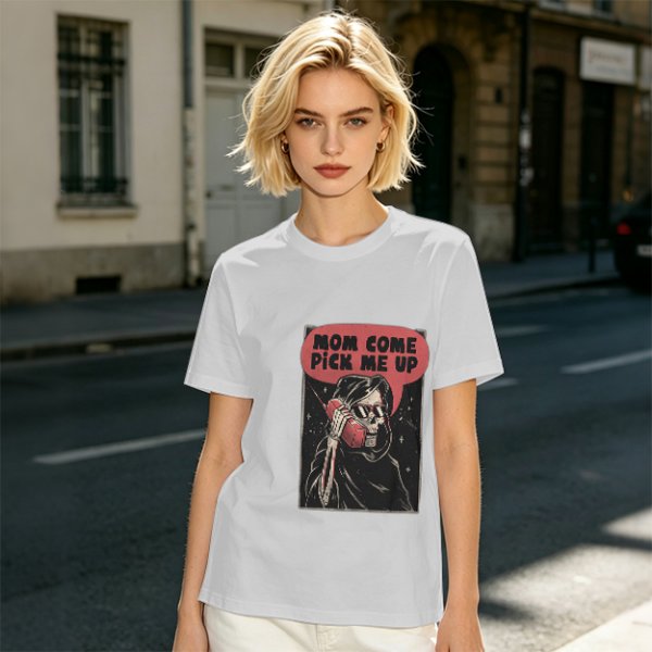 Olive Graphic T-Shirt With Grim Reaper 'Mom Come Pick Me Up' Print