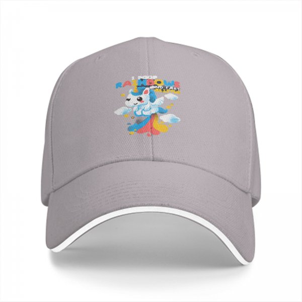 Black baseball cap with playful unicorn rainbow poop graphic