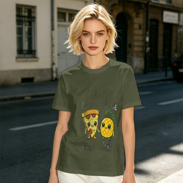 Olive T-shirt with Cute Pizza and Pineapple Cartoon Print