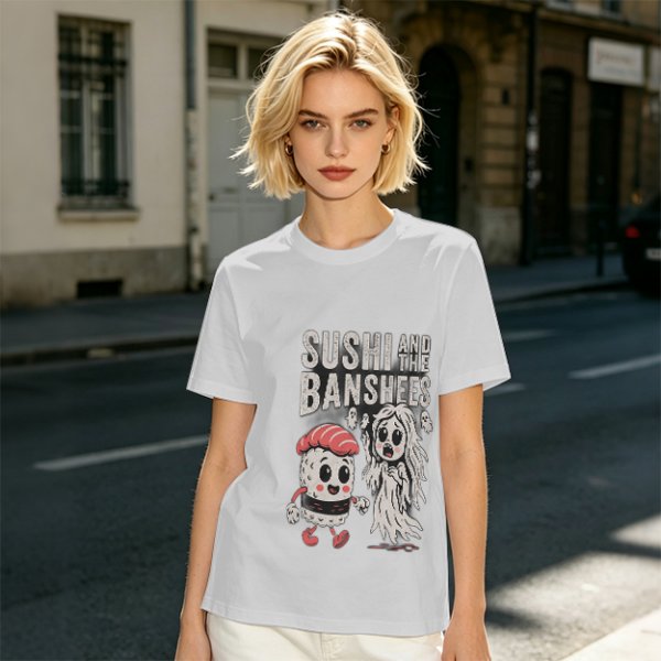 Olive t-shirt with sushi and banshee graphic print