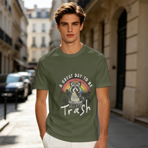 Olive Graphic T-Shirt With Raccoon Rainbow 'A Great Day To Be Trash' Print