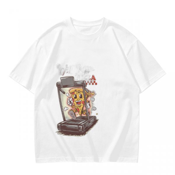 Olive T-shirt with cartoon pizza running on treadmill graphic