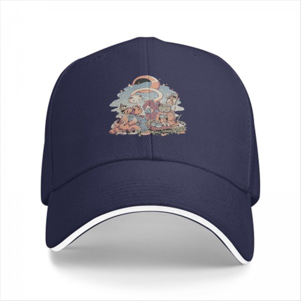 Black Baseball Cap With Whimsical Crescent Moon Animal Group Art