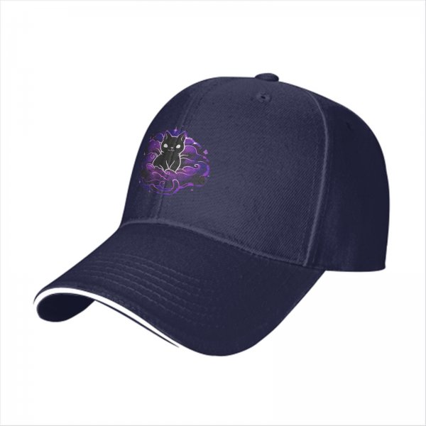 Black Baseball Cap With Purple Galaxy Cloud And Black Cat Print