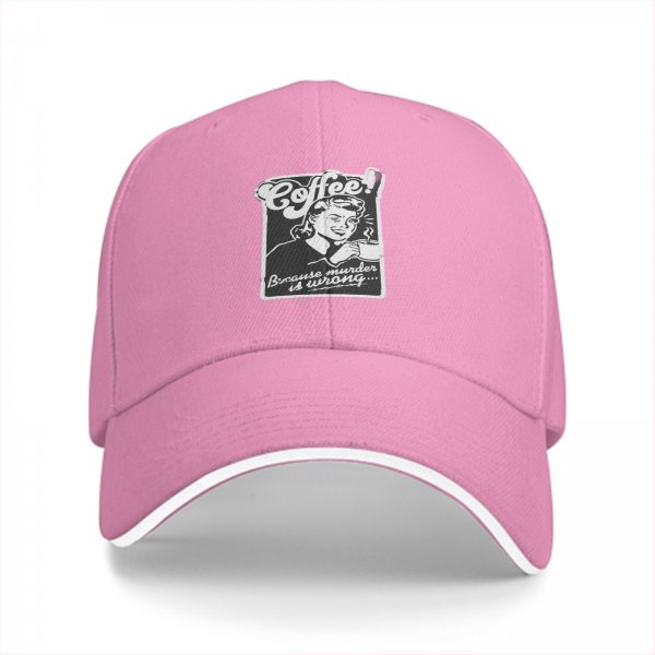 Black baseball cap with 'Coffee! Because murder is wrong' retro print