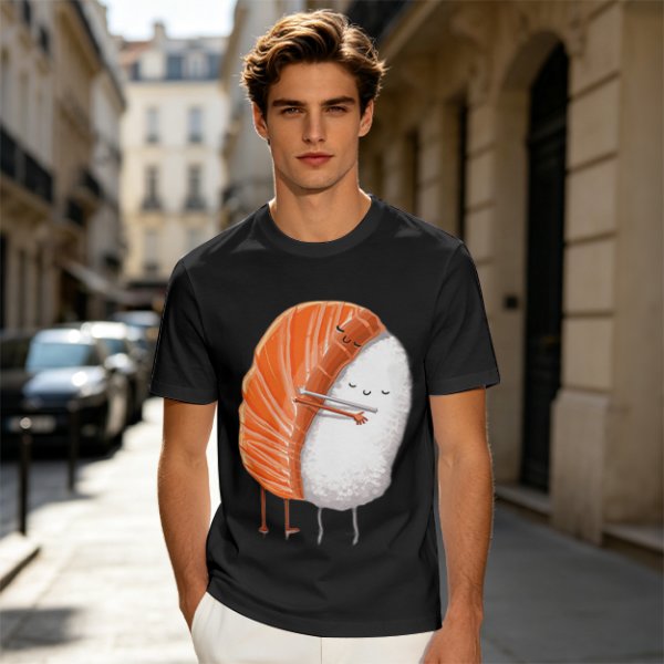 Olive T-shirt with Cute Hugging Salmon Sushi and Rice Print