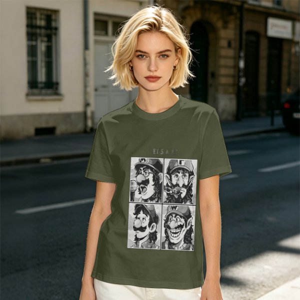 Olive T-Shirt with Retro Mario Brother Character Grid Art
