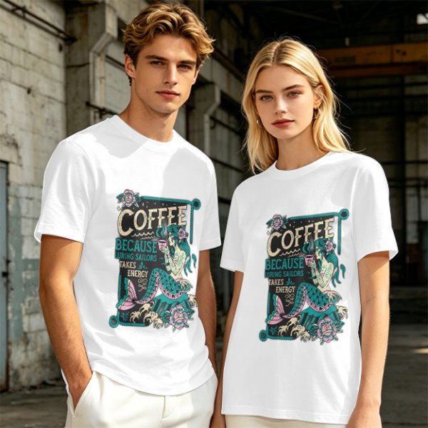 Olive t-shirt with mermaid coffee print 'Coffee Because Luring Sailors Takes Energy'