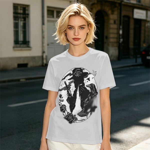 Olive T-Shirt With Western Gunslinger Crow And Roses Graphic