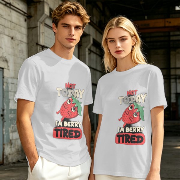 Olive T-Shirt with 'Not Today I'm Berry Tired' Strawberry Print