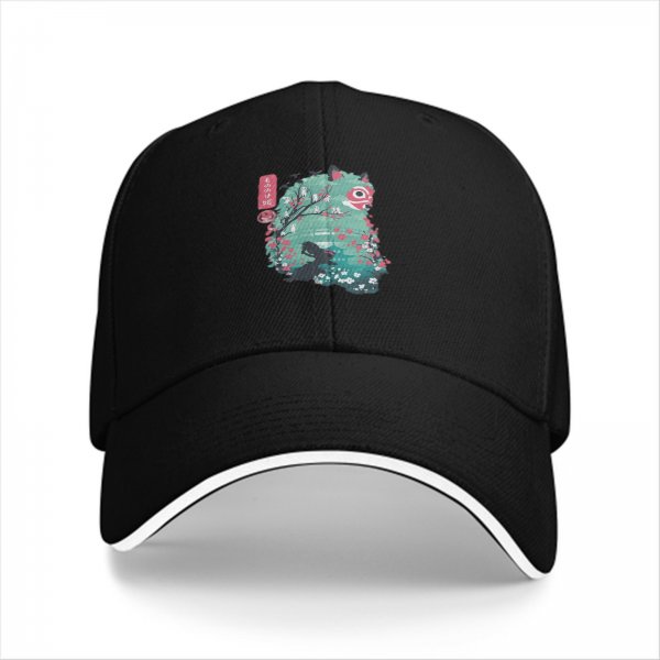 Black baseball cap with anime forest spirit graphic print