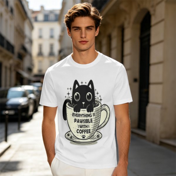 Olive T-Shirt With Black Cat In Coffee Cup 'Everything Is Pawsible With Coffee' Print