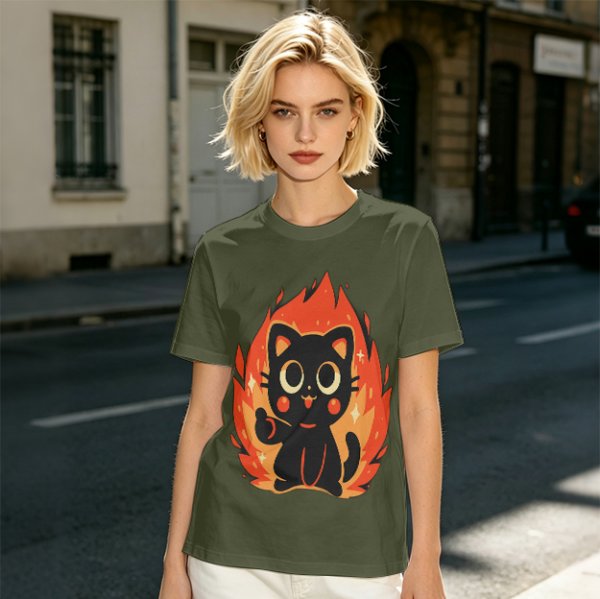 Olive T-Shirt With Cute Black Cat Thumbs Up On Flames Graphic