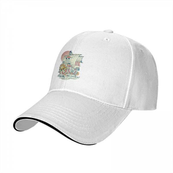 Black Baseball Cap with Anime Pirate Ship Graphic Print