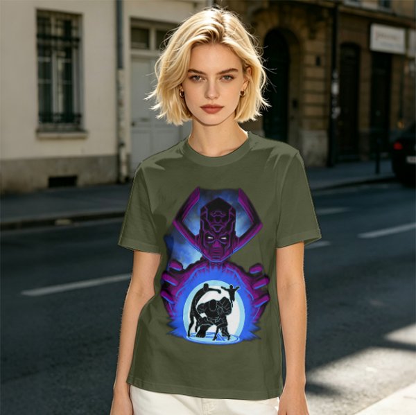 Olive T-Shirt Featuring Galactus Holding Silhouetted Superheroes