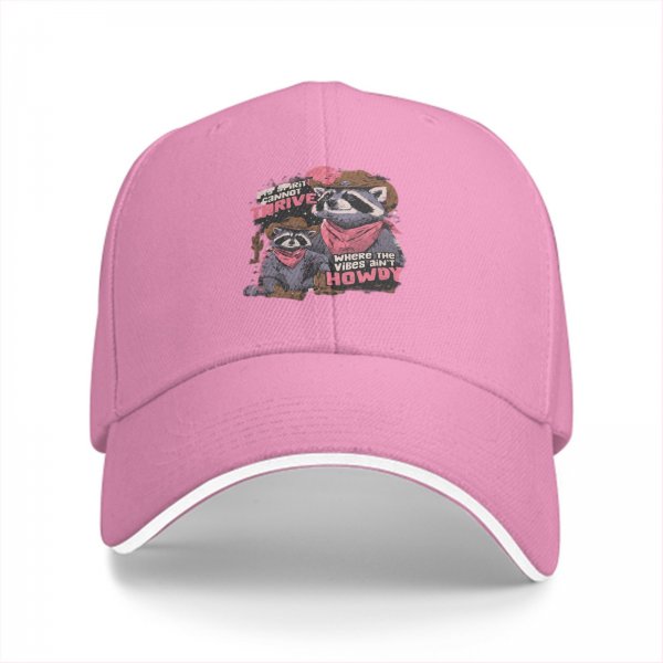 Black baseball cap with cowboy raccoon graphic and 'where the vibes ain't howdy' text