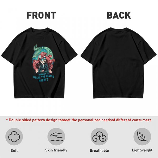 Olive t-shirt with modern mermaid graphic and 'I wanna be where the people aren't' text
