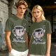 Olive green t-shirt with running espresso cup graphic and 'Less Despresso' text