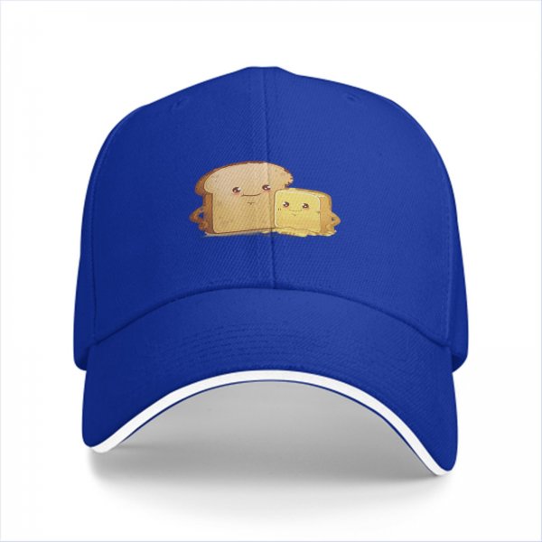 Black Baseball Cap With Cute Bread And Butter Cartoon Print