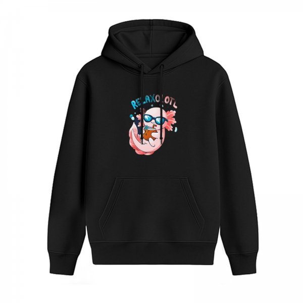 Black hoodie with a relaxed axolotl graphic and 'RELAXOLOTL' text