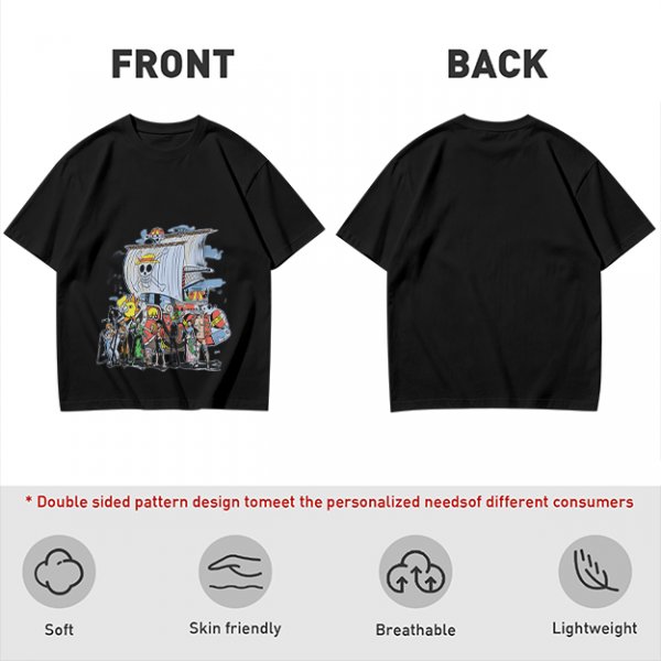 Olive T-Shirt with One Piece Straw Hat Pirates Crew and Ship Print