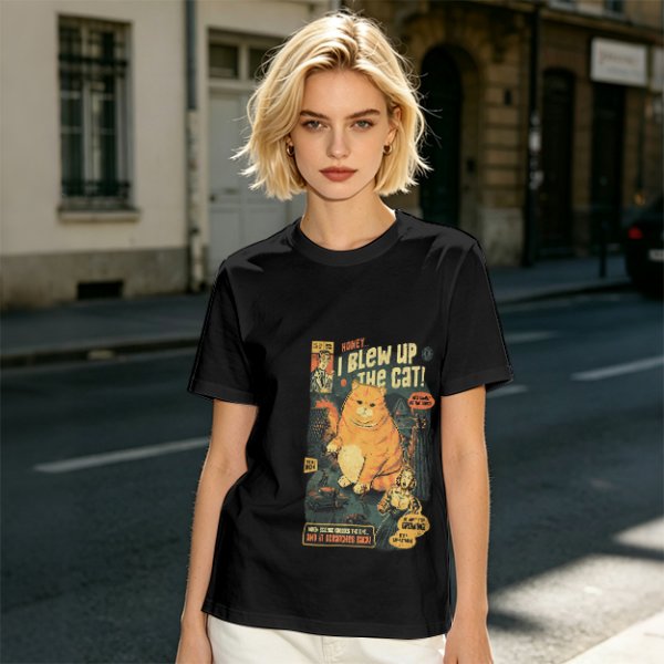 Olive t-shirt with vintage comic style 'I Blew Up The Cat!' print