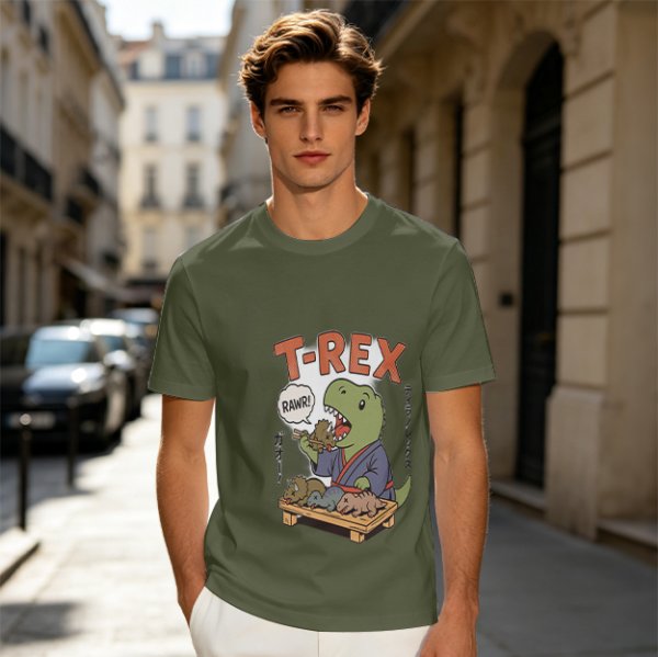 Olive T-shirt with cartoon T-Rex holding small dinosaurs and RAWR text