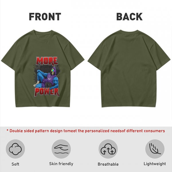 Olive Graphic T-Shirt with 'MORE POWER' and Muscular Skeleton Character