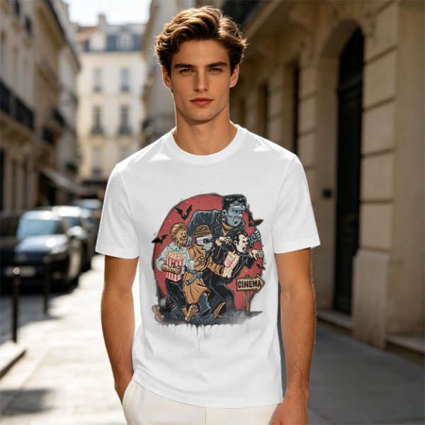 Olive T-Shirt with Classic Horror Monsters Going to Cinema Print