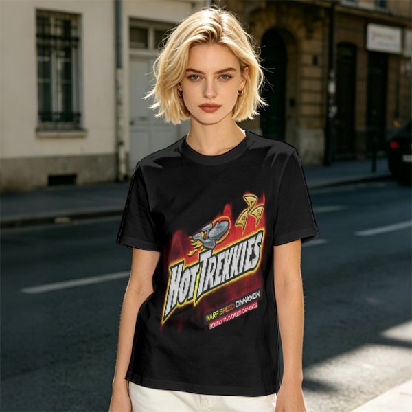 Olive green graphic t-shirt with Hot Trekkies Star Trek themed print