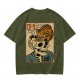 Olive t-shirt with a skull ramen bowl and a napping tabby cat print