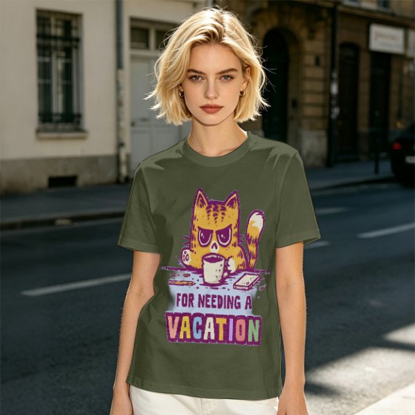 Olive t-shirt with a grumpy cat needing a vacation print