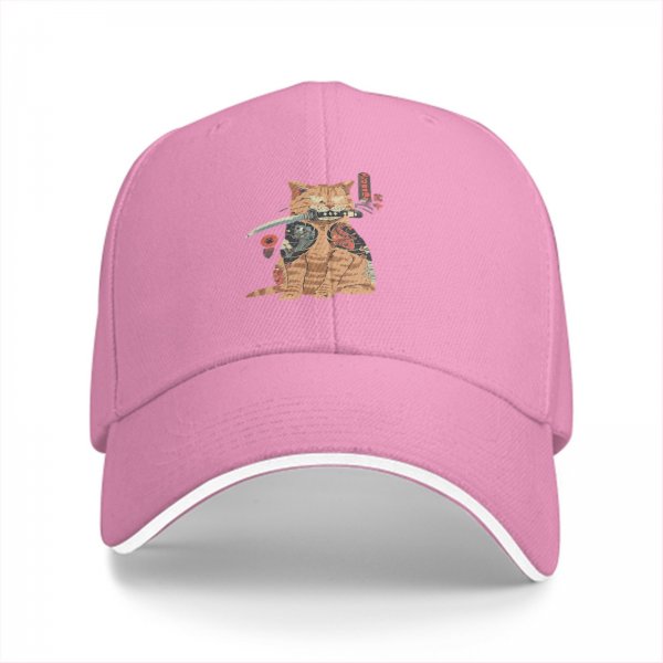 Black Baseball Cap With Tattooed Samurai Cat Holding Katana