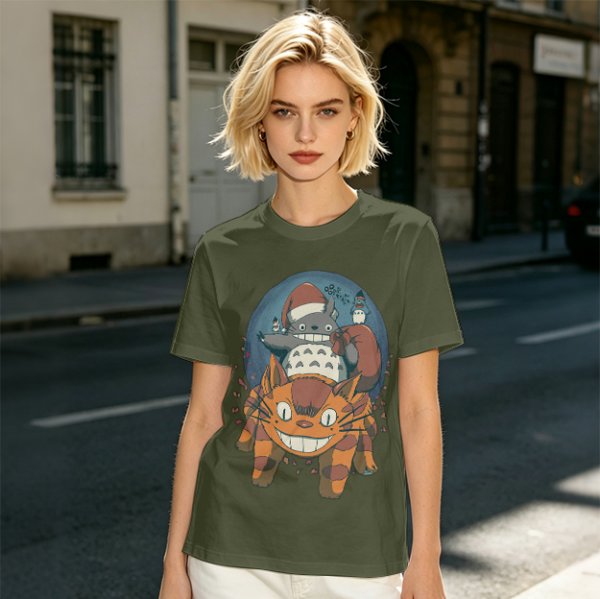 Olive T-shirt with Christmas Totoro Riding Catbus Graphic