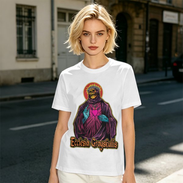 Olive t-shirt with skeleton religious graphic and Ecclesia Grayskullis text