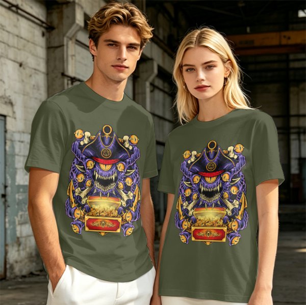 Olive T-Shirt With Pirate Beholder Monster And Treasure Chest Art