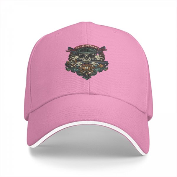 Black Baseball Cap With Swordsman Skull Graphic Design