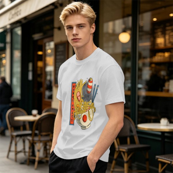 Olive T-Shirt With Ramen Bowl Graphic and Vertical Text Print