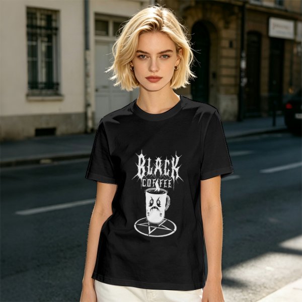 Olive t-shirt with Black Coffee gothic angry cup pentagram print