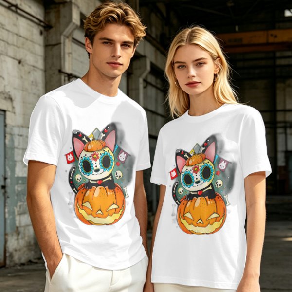 Olive t-shirt with sugar skull cat on jack-o'-lantern