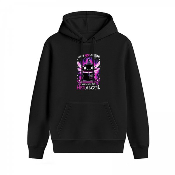 Black hoodie with axolotl wizard hexalotl graphic design