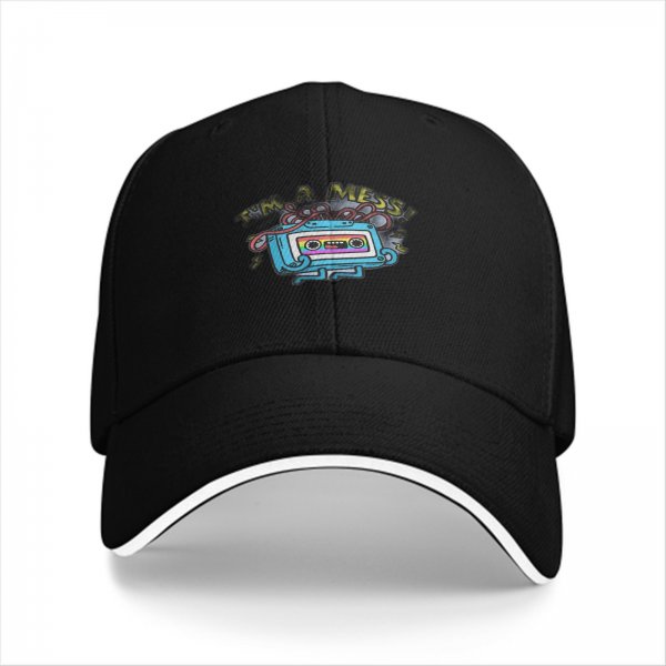 Black baseball cap with retro cassette tape 'I'm a Mess' graphic