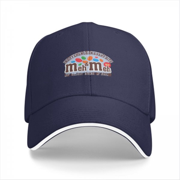 Black baseball cap with 'meh & meh' novelty candy parody design