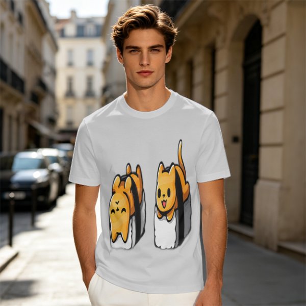 Olive T-shirt with cute sushi cat graphic print