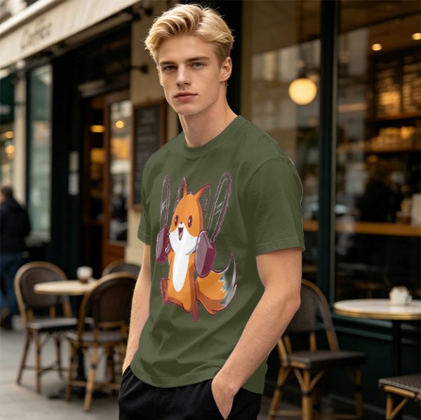 Olive T-shirt with a cute chainsaw squirrel graphic