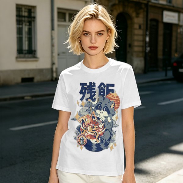 Olive green graphic t-shirt with raccoon eating ramen print