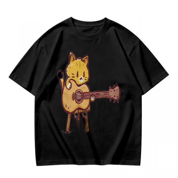 Olive T-shirt with Cute Orange Cat Playing Guitar Graphic