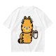 Olive T-Shirt With Grumpy Orange Cat Holding Hot Coffee Print