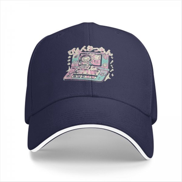 Black baseball cap with pastel handheld gaming and anime character print